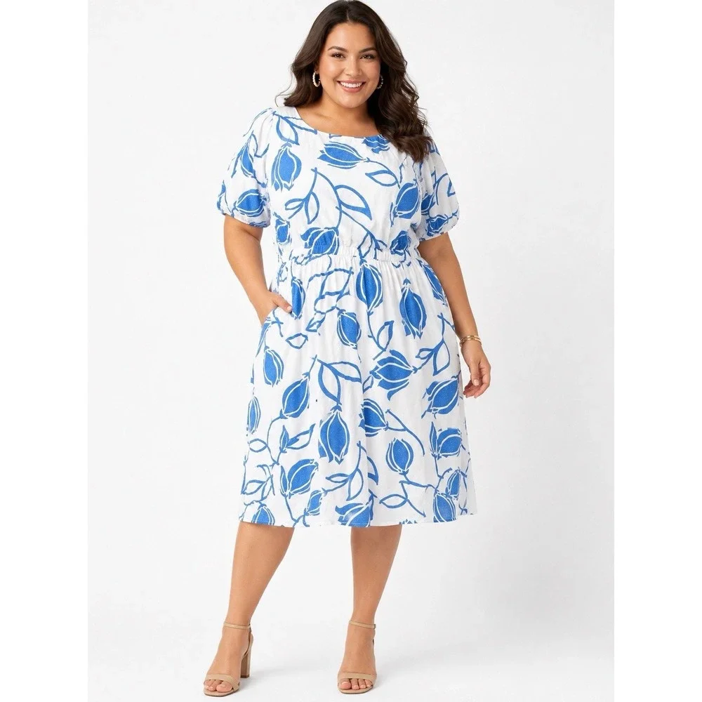 Lane Bryant Womens Plus Size 22 Blue White Floral Linen Fit Flare Dress Boatneck